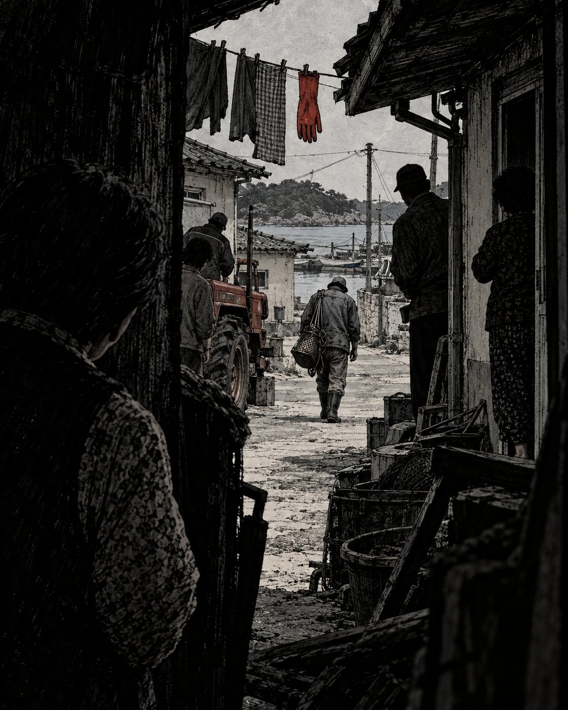 Villagers watch from doorways as a lone salt worker walks past