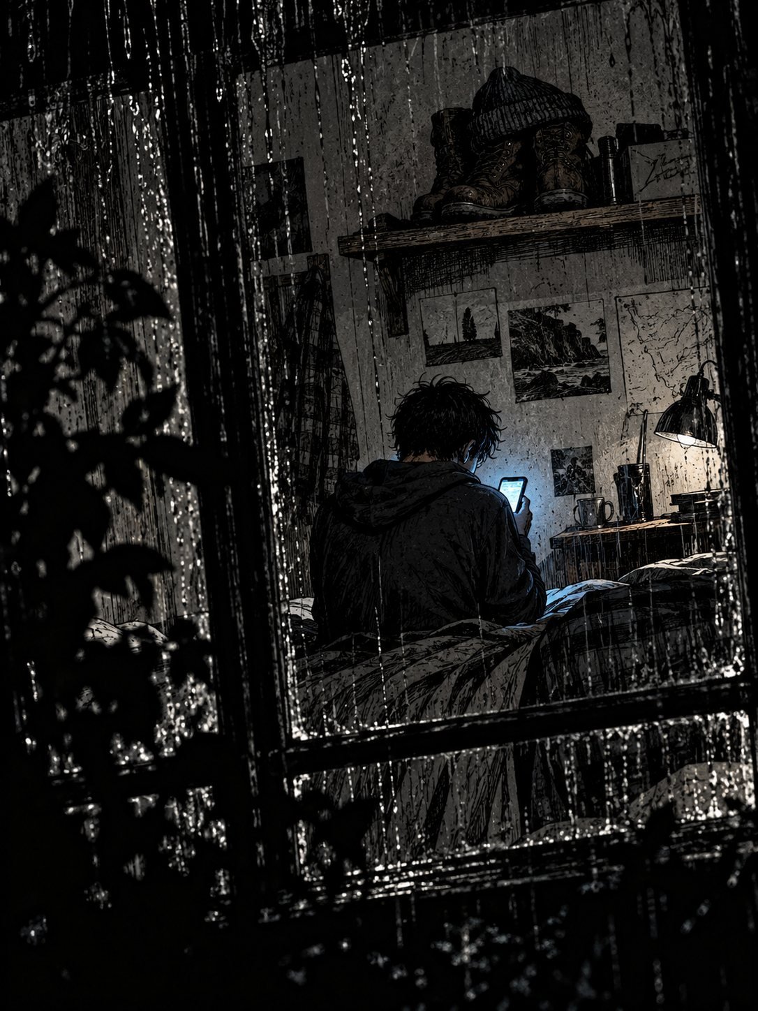 Night. A teenage boy in a hoodie sits on his bed, seen from behind through a rain-streaked window, staring at a phone with a blank screen