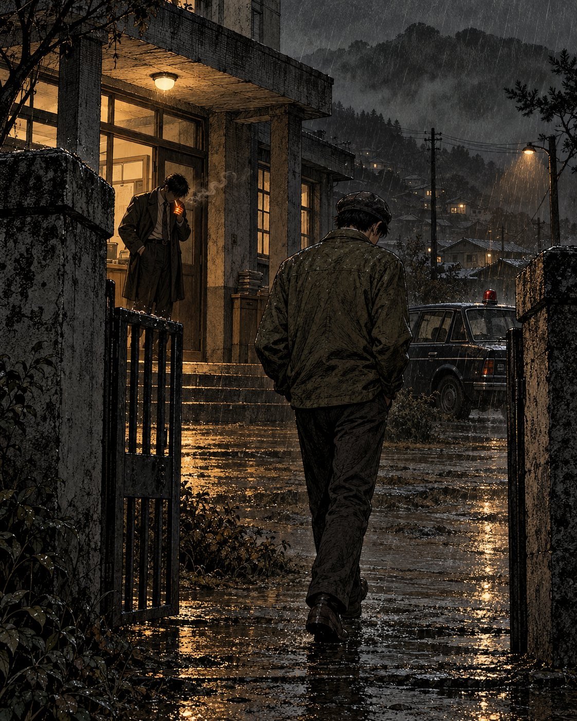 A man in a cap walks out of a rural police station gate in the rain while a detective lights a cigarette in the doorway