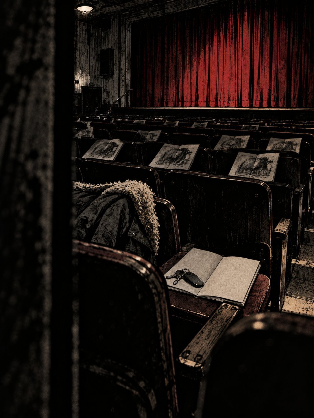 A high school auditorium at intermission, a coat and car keys left on an aisle seat