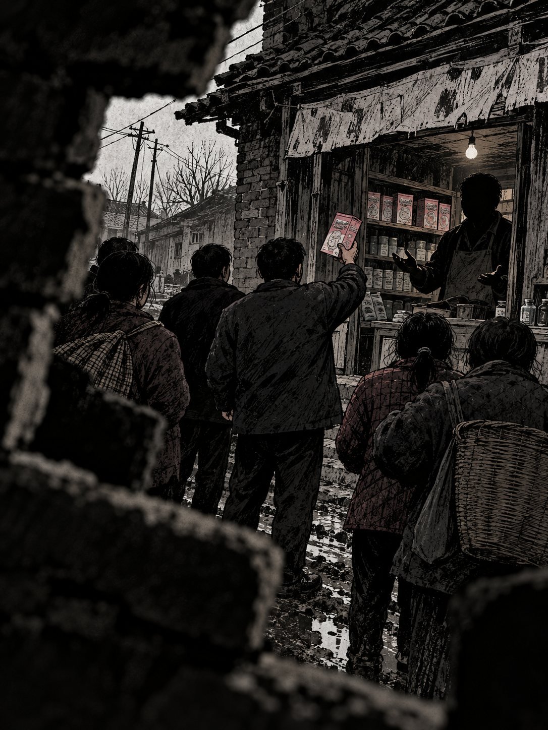 Villagers outside a shop, one man holding up a formula box as the shopkeeper spreads his hands
