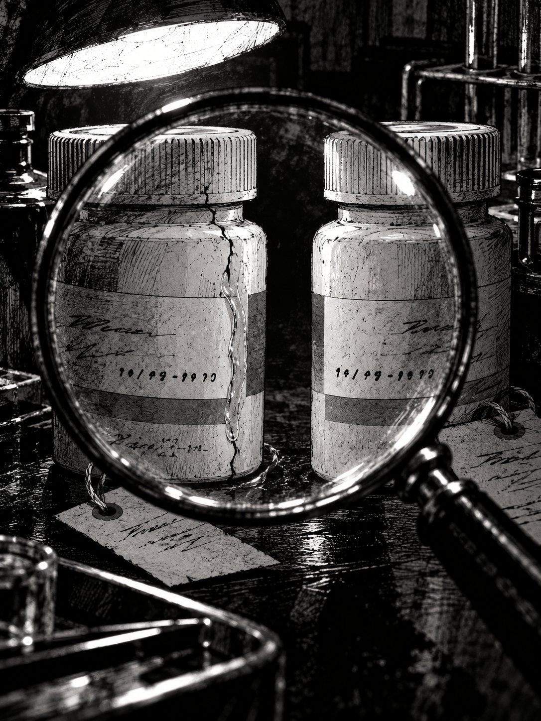 Two identical pill bottles side by side on a black lab bench, each with an evidence tag, a magnifying glass lens between them filling half the frame. Through the lens, the lot numb