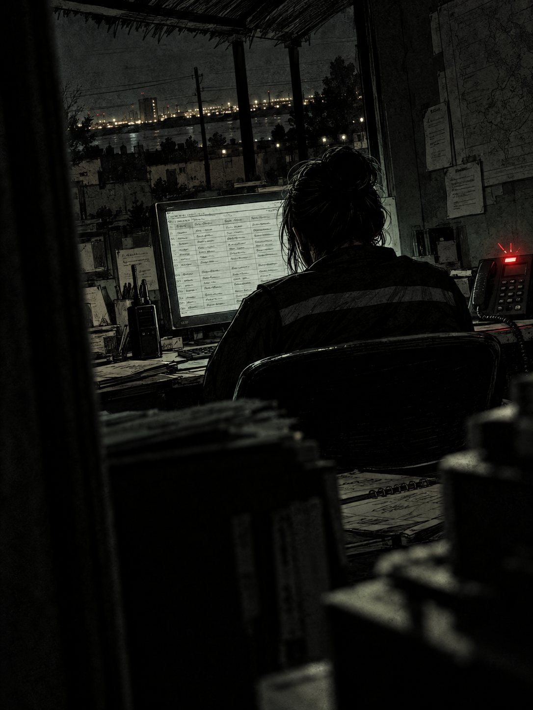A Juarez civil protection office at night. A dispatcher, seen from behind, scrolls a call log on an old monitor; every line is ordinary, illegible marks