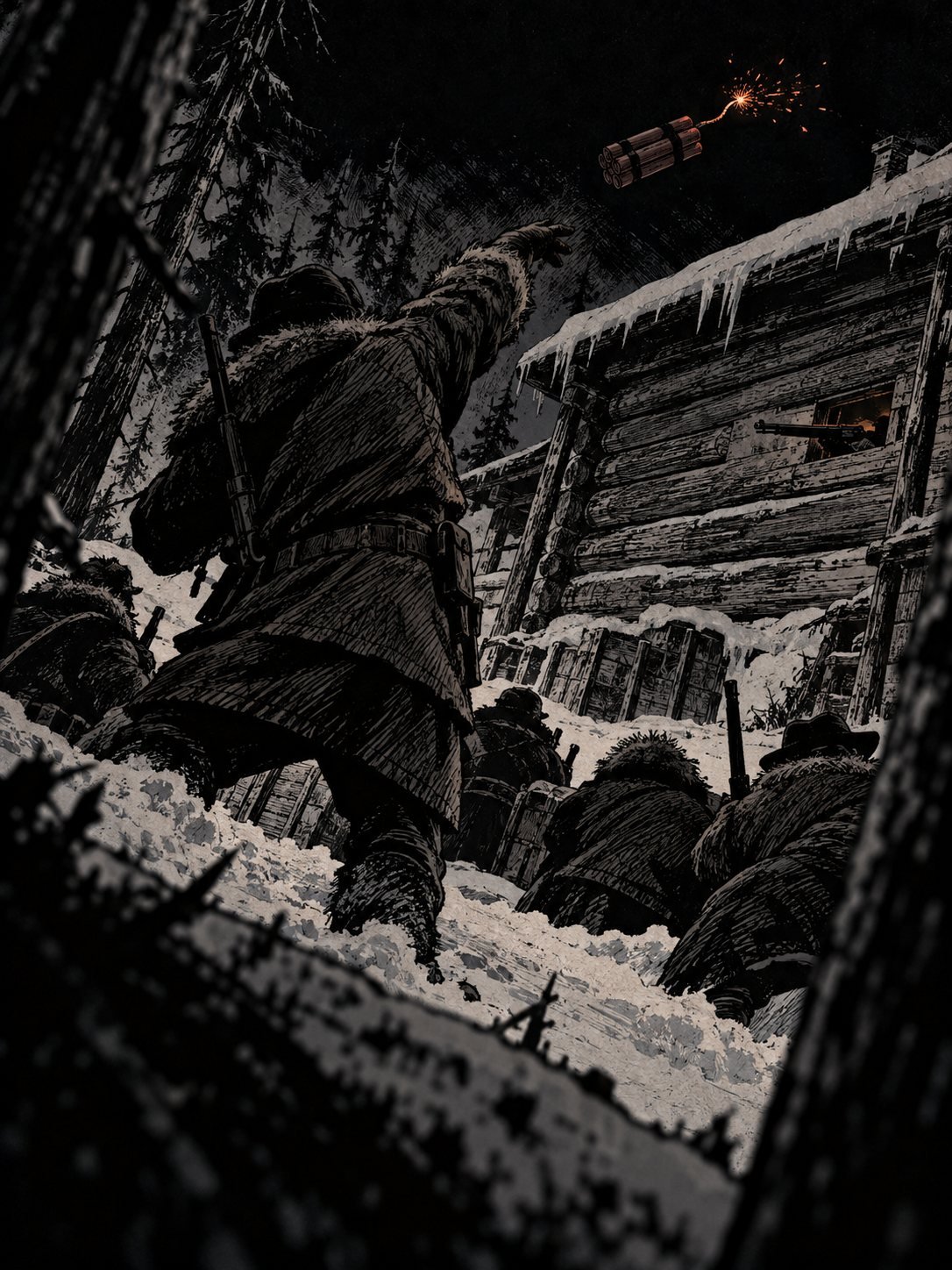 A man throws a bundle of lit dynamite toward a log cabin as a rifle aims from a window