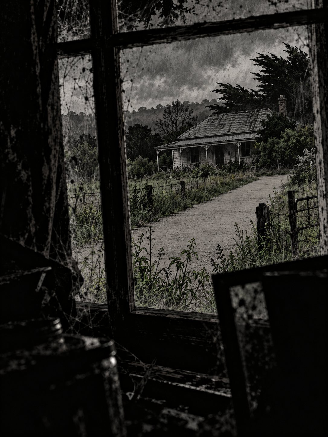 Years later. Through a broken pane of the abandoned farmhouse: weeds everywhere, peeling paint