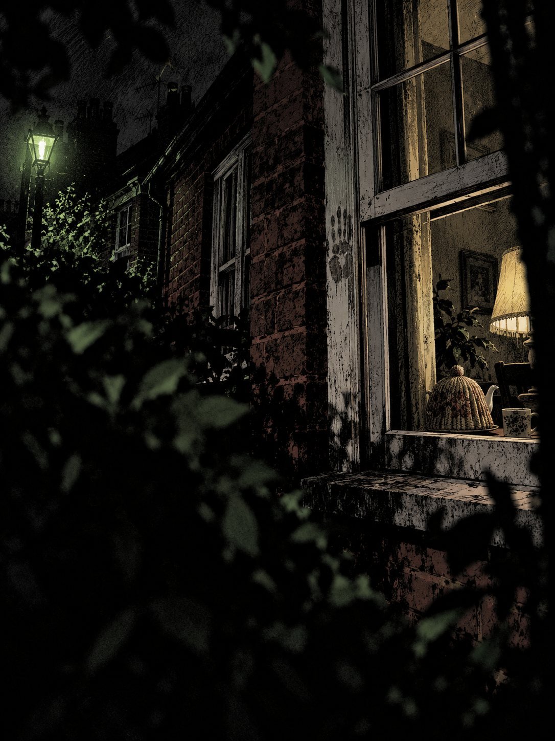 Night, late 1970s, Ipswich. A small house with a knitted tea cosy on the windowsill and a lamp glowing inside
