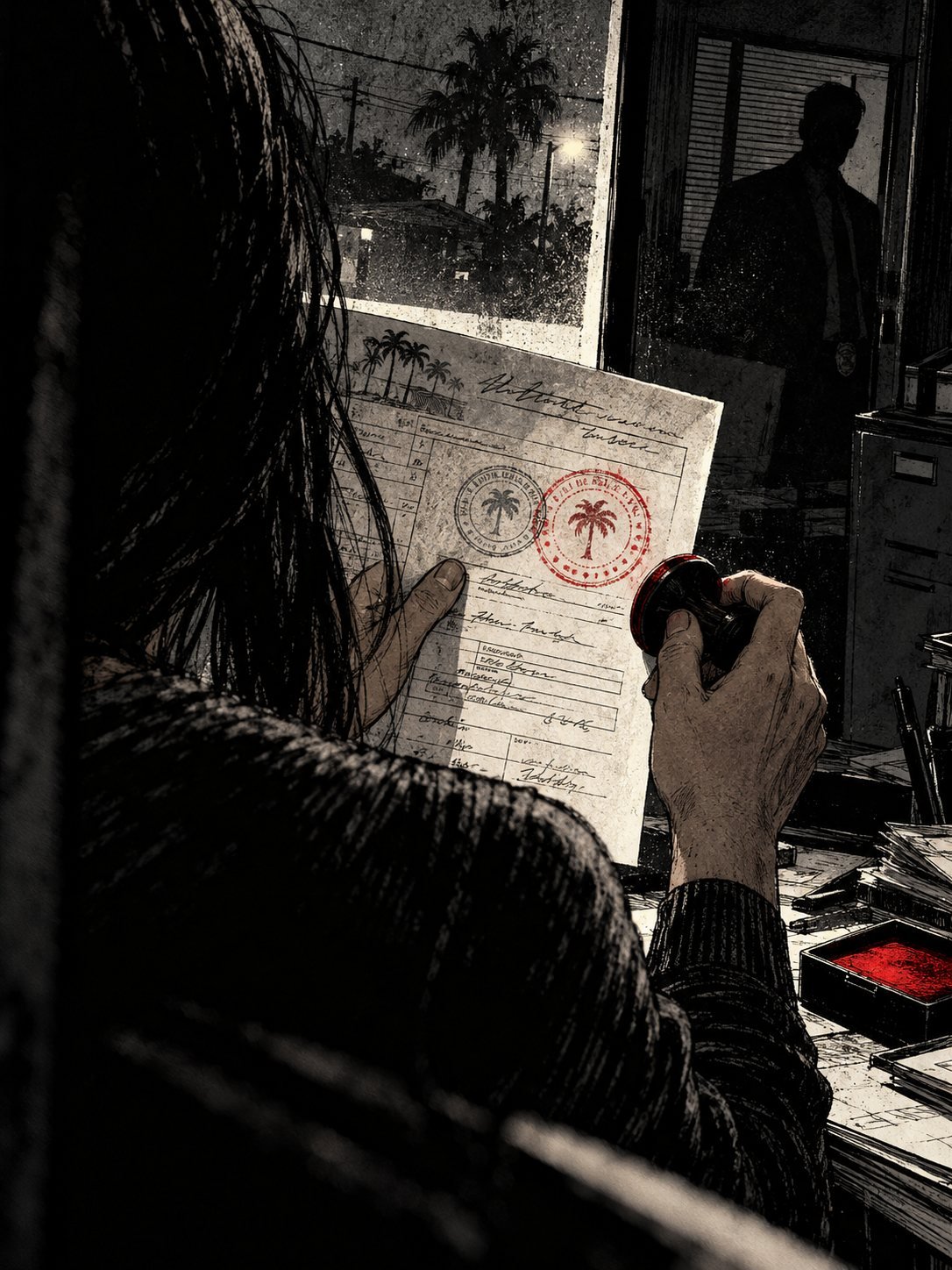 A notary holds a permit up to the window to compare two stamps while a detective waits behind her