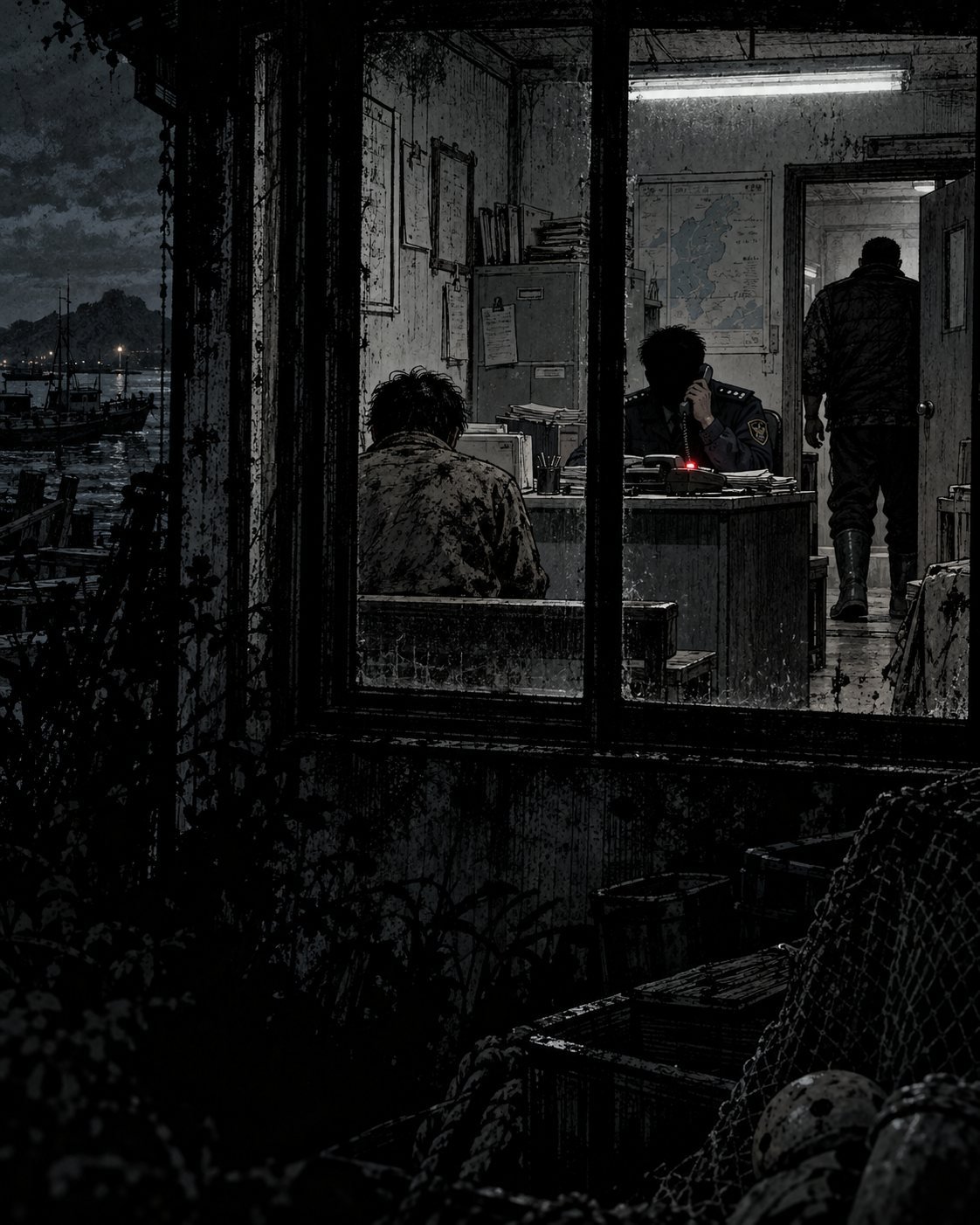 Through a window, a worker sits on a bench as a police officer makes a call and a man in boots walks in
