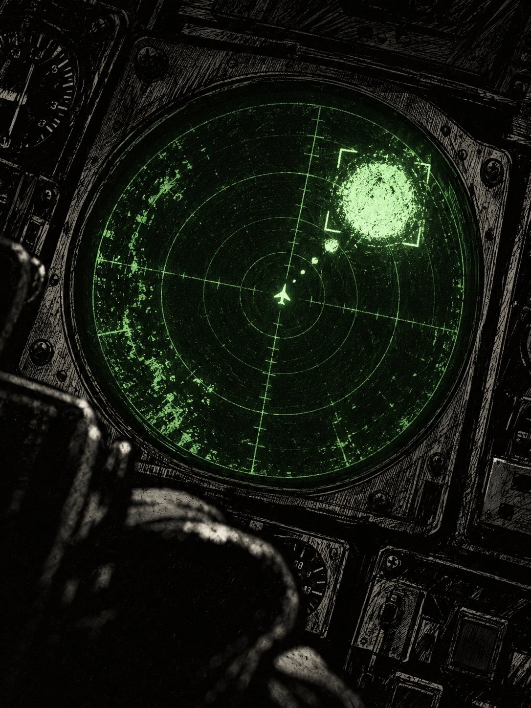A round green 1970s radar scope in a dark cockpit, a large bright blip locked in the center with lock brackets around it