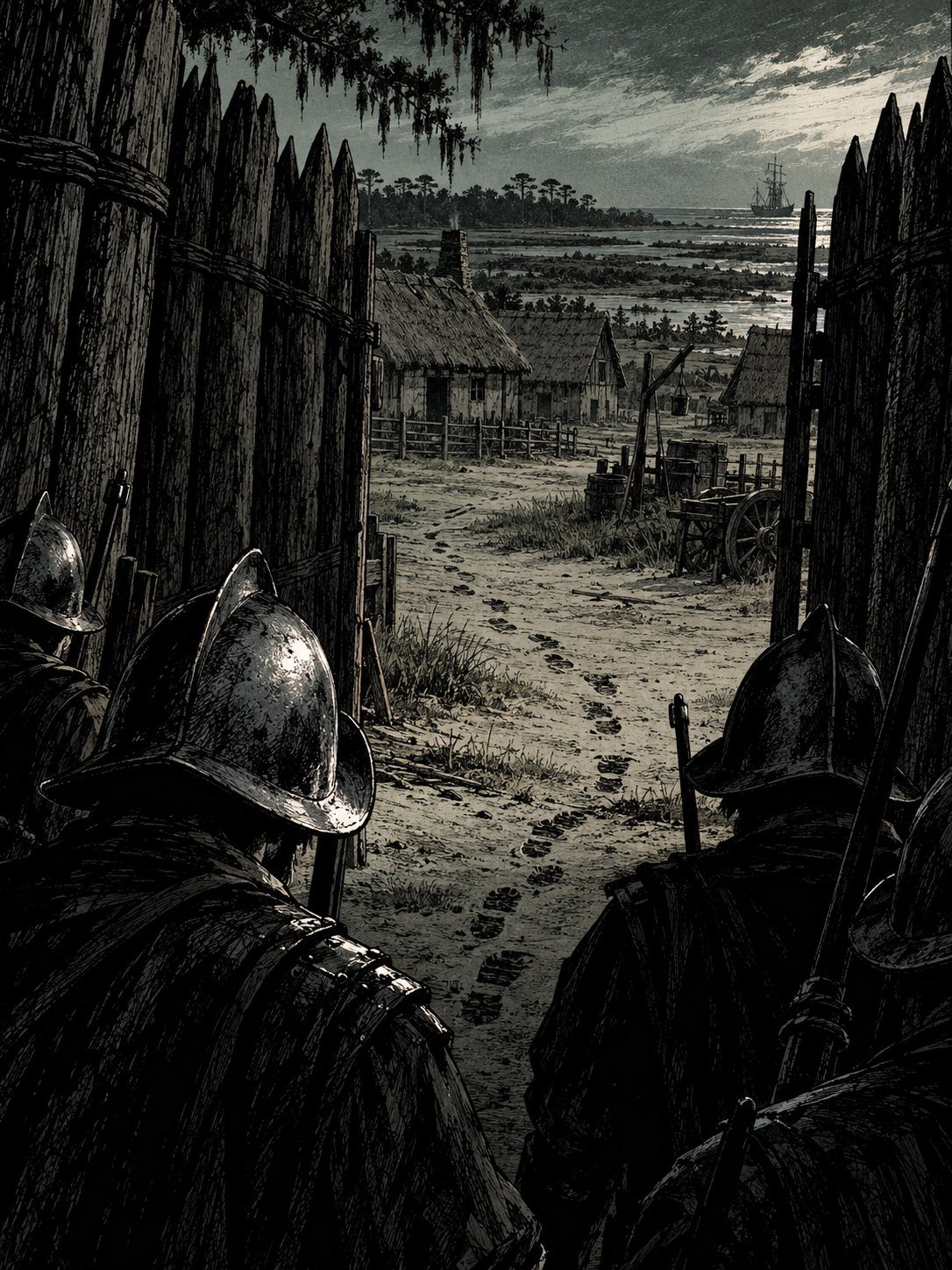 Spanish soldiers in morion helmets seen from behind at the open gate of an empty palisade village
