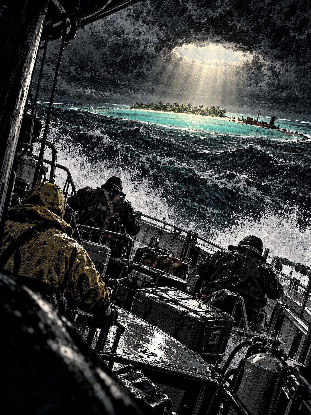 October 2026: a small expedition boat crashing through grey swells toward a low green atoll, spray over the deck, crates of equipment lashed down, crew in rain jackets seen from be