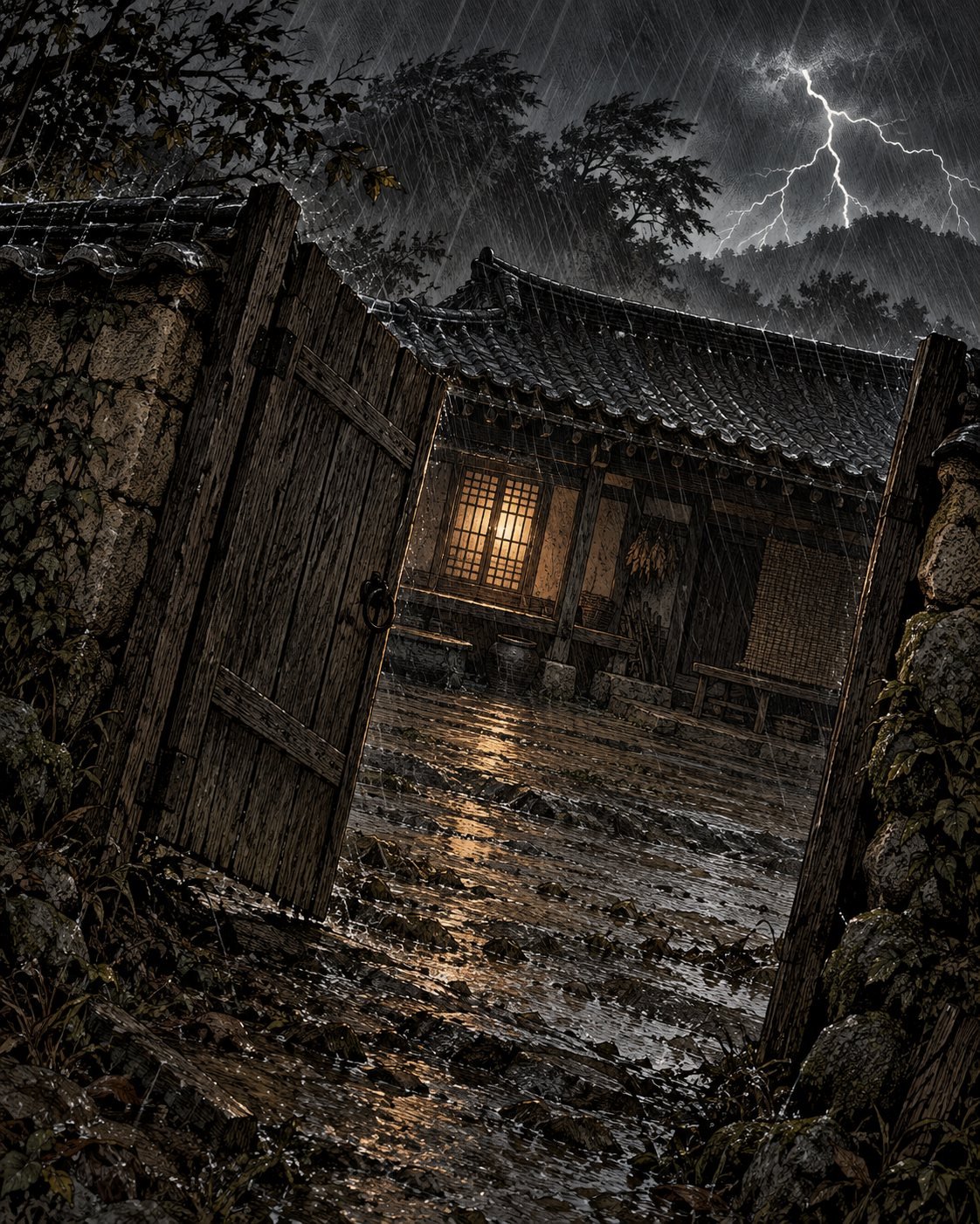 Lightning over a traditional Korean house at night with its wooden gate blown open in the storm