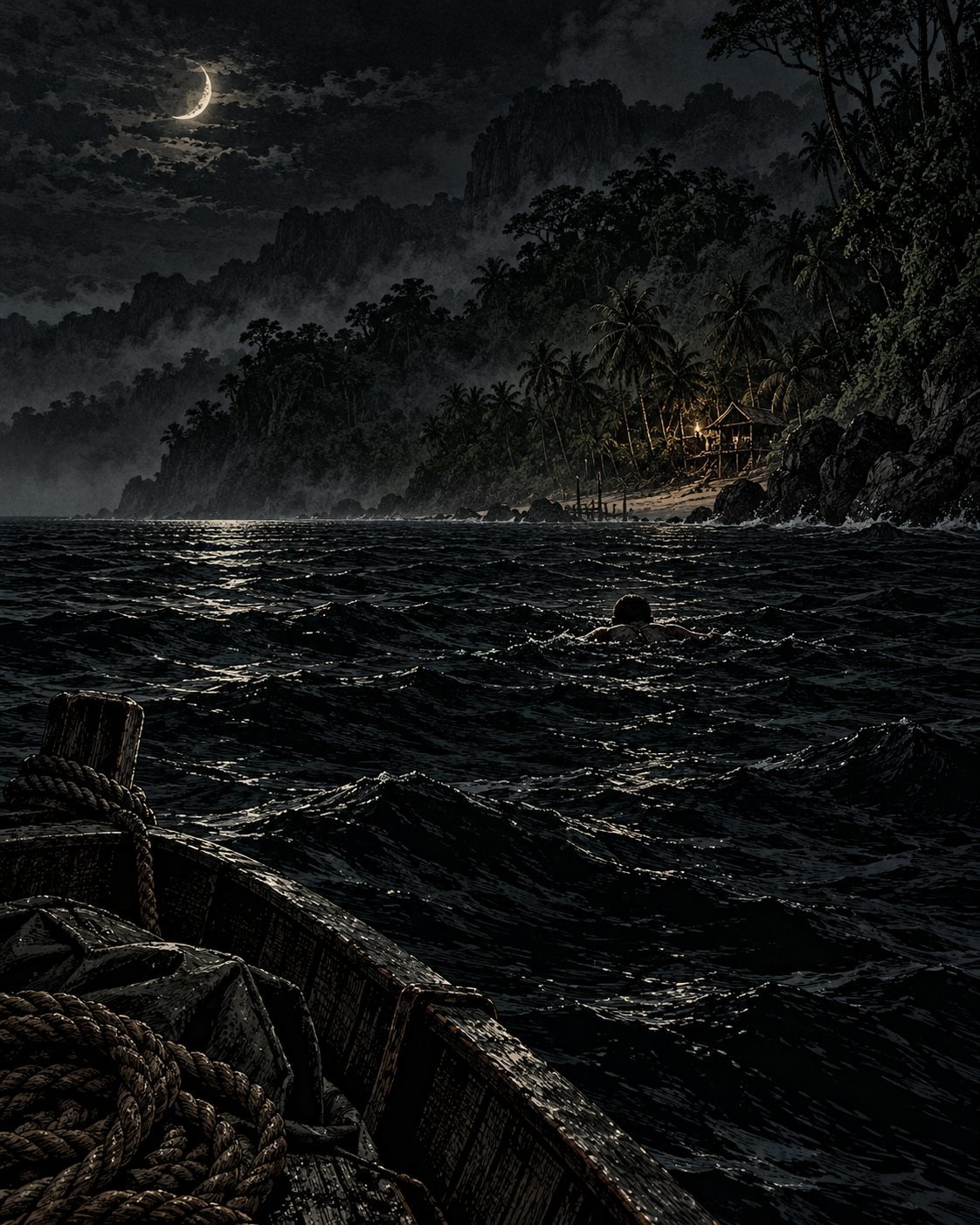 A lone swimmer crosses a dark sea at night toward a jungle shoreline under a crescent moon