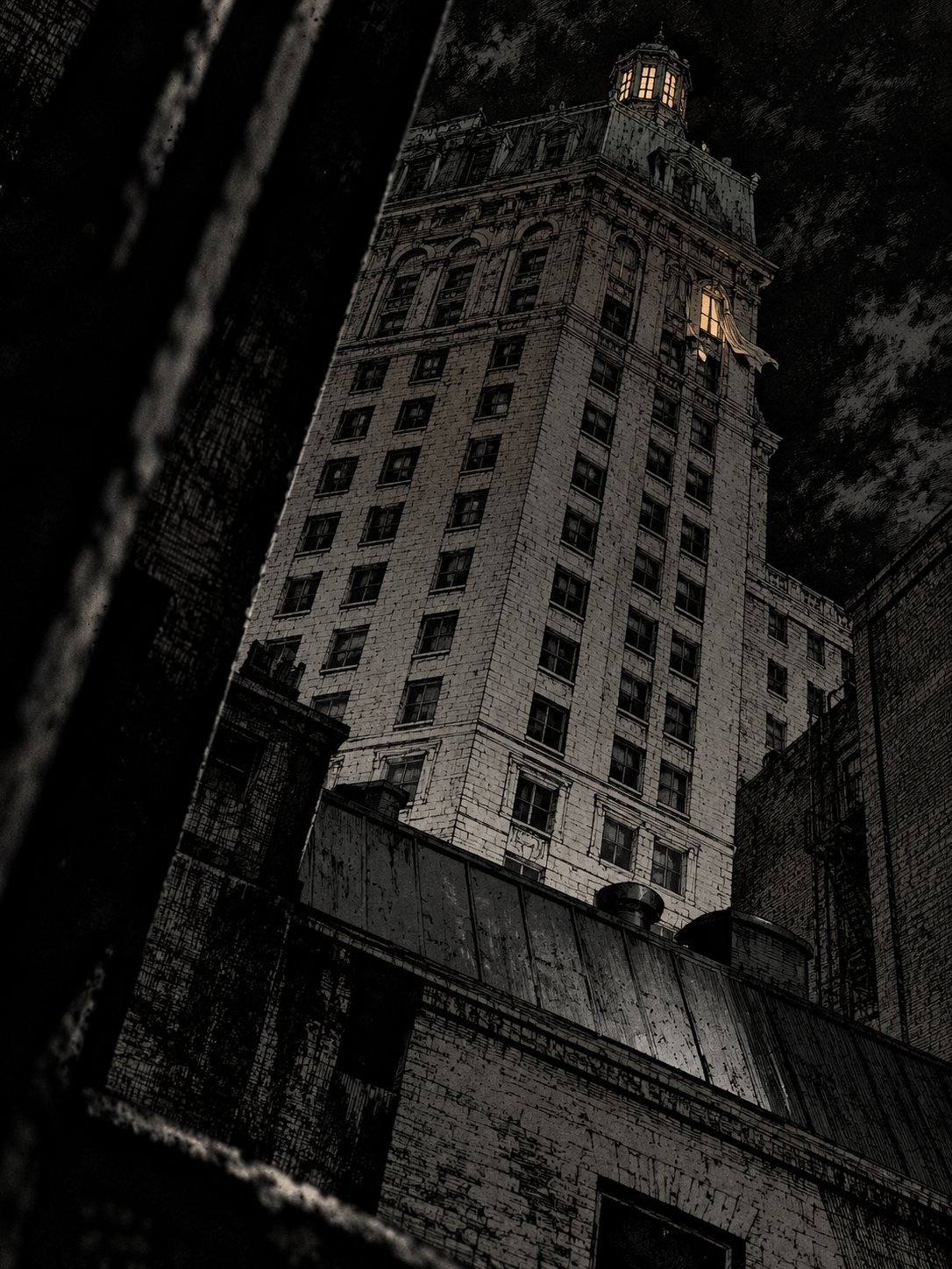 Looking up at a pale hotel tower at night, one window near the top stands open with a curtain blowing out