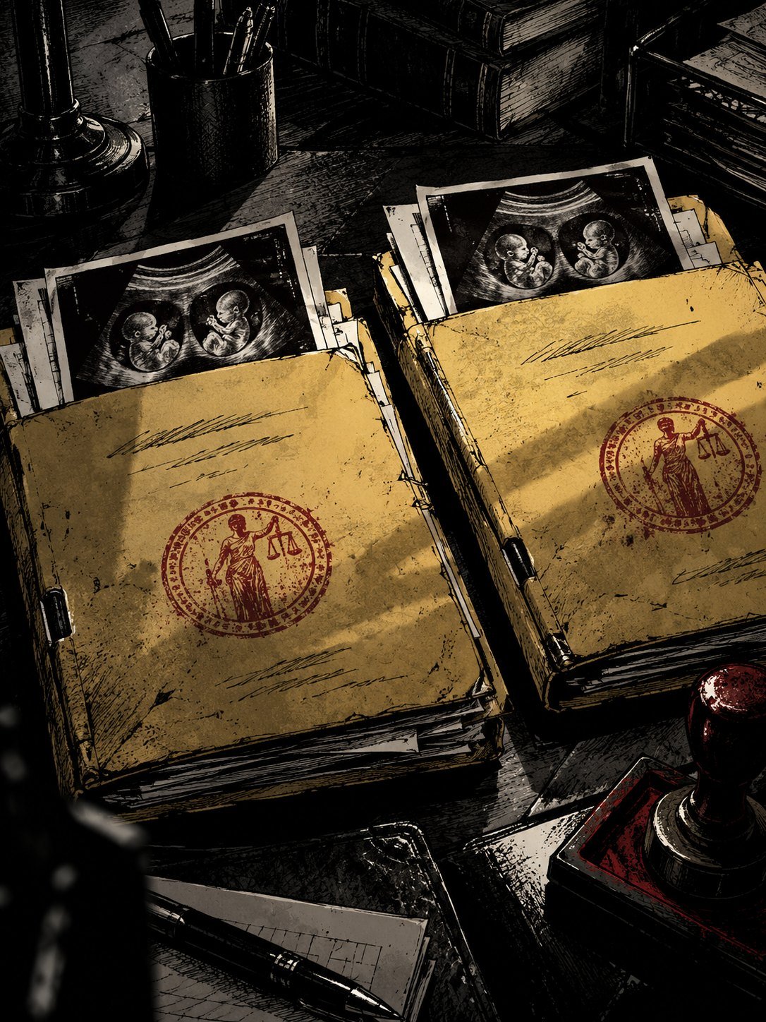 A lawyer's desk: two thick court folders side by side, each with a restraining-order seal drawn as a plain circle, no readable text