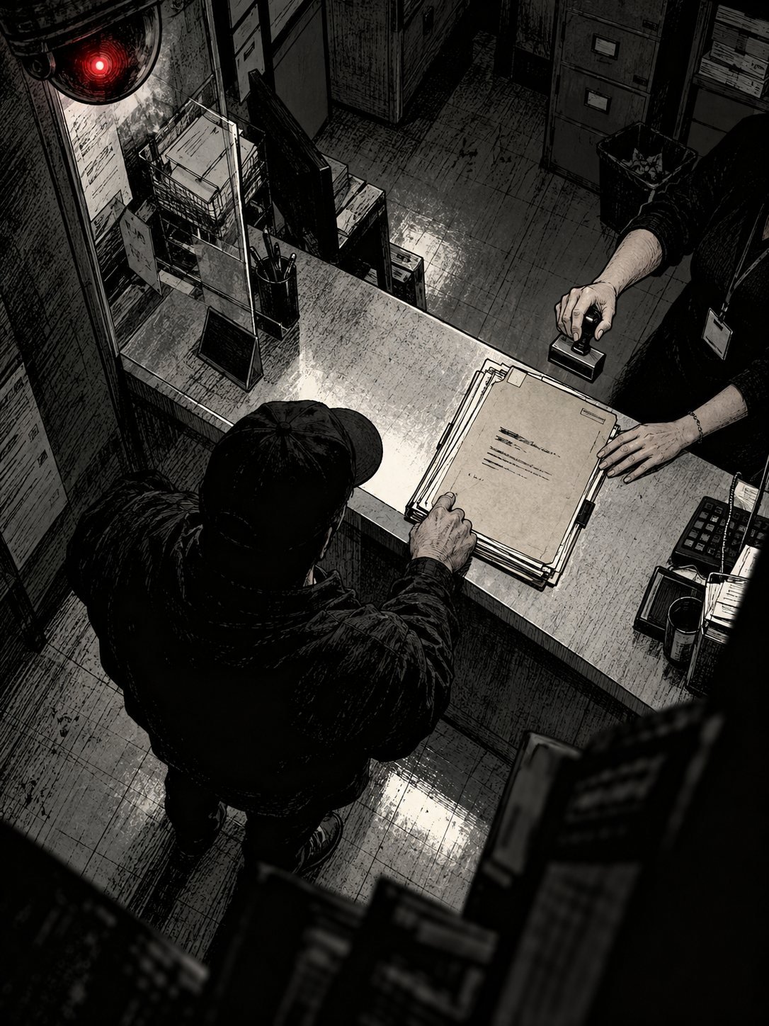 Seen from a ceiling camera, a man in a cap slides a folder across a county records counter