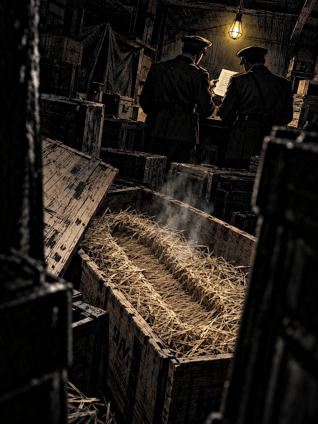 Early 1960s: a dim military warehouse, wooden crates stenciled with illegible marks, one crate open with packing straw spilling out. Two officers seen only from behind read a memo 