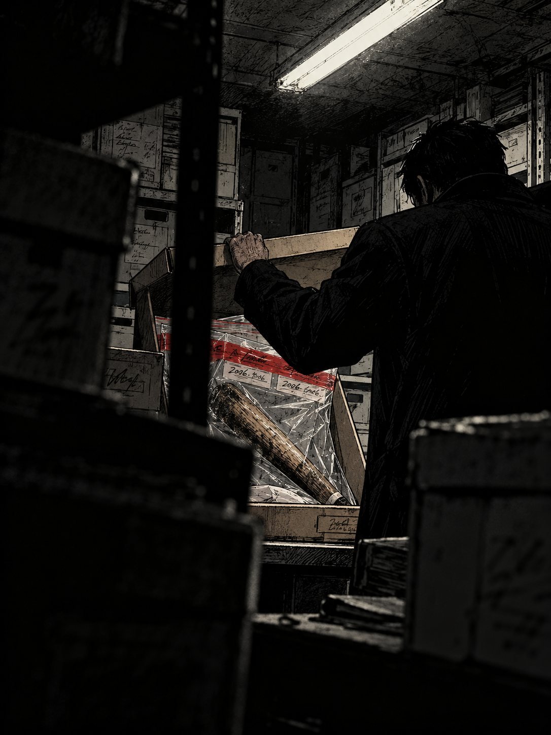 From inside an old cardboard evidence box as its lid opens: fluorescent light floods in over a sealed evidence bag holding a baseball bat. A detective's hand on the lid