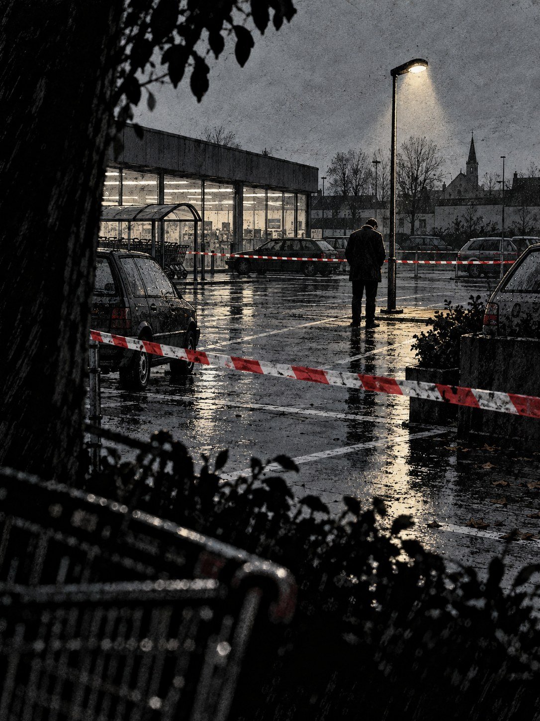 A man seen from behind standing alone in a taped-off car park under a streetlight