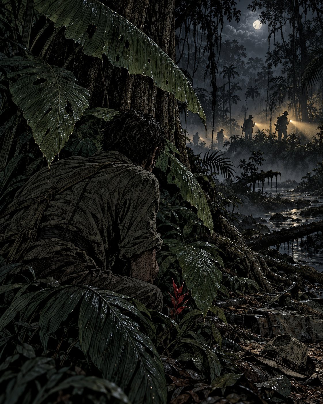 A gaunt man crouches under giant leaves in a jungle at night as searchers with flashlights pass in the distance