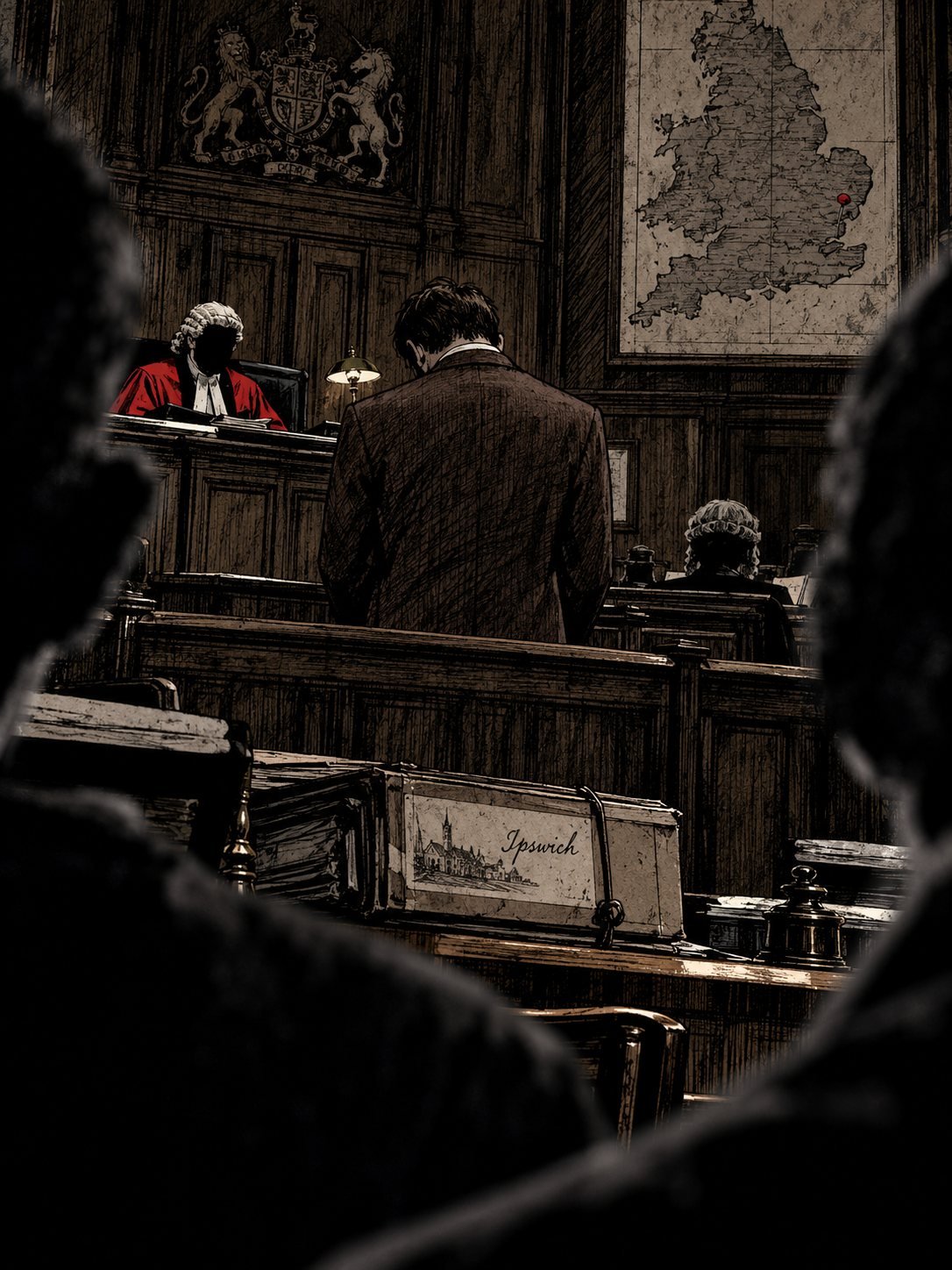 A wood-panelled 1970s courtroom. A man in a brown suit stands in the dock, seen from behind, head bowed