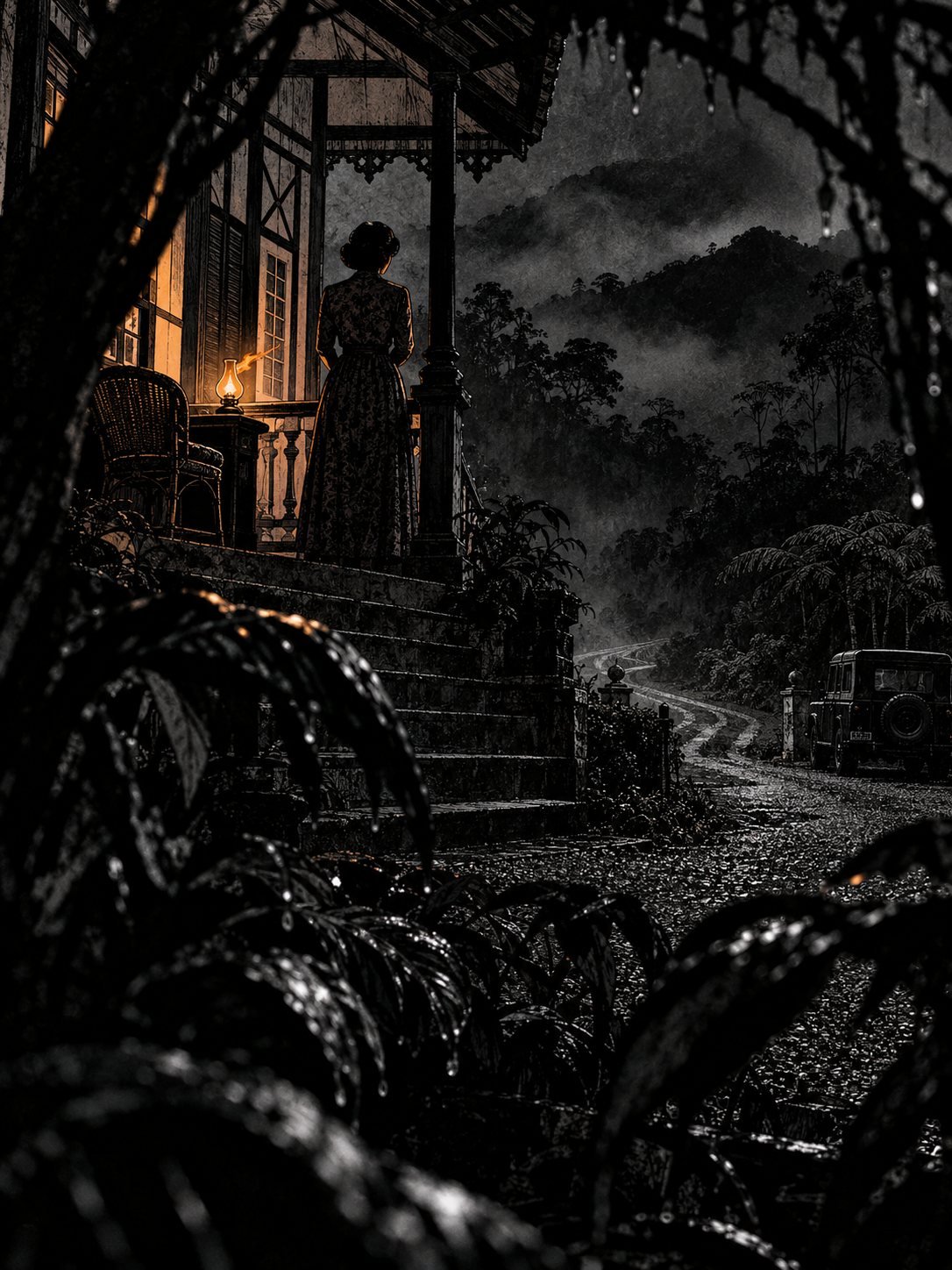 A woman stands on a veranda by an oil lamp, staring down a dark road into the jungle
