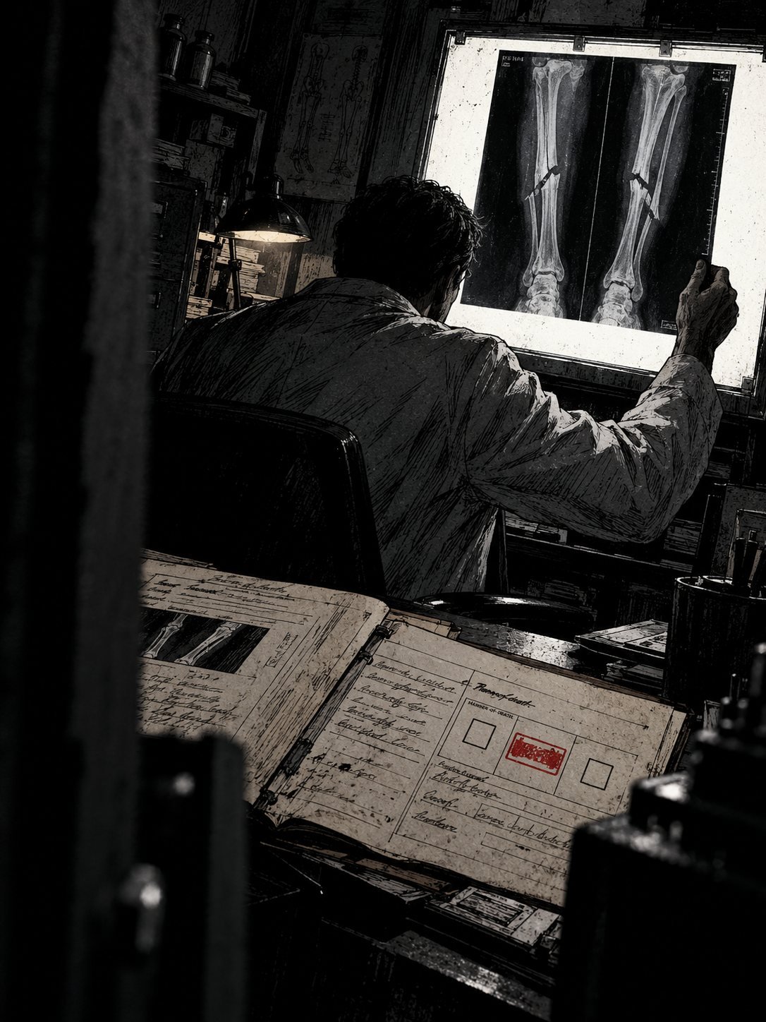A medical examiner seen from behind studies an X-ray of two broken shin bones beside a report with a red stamp
