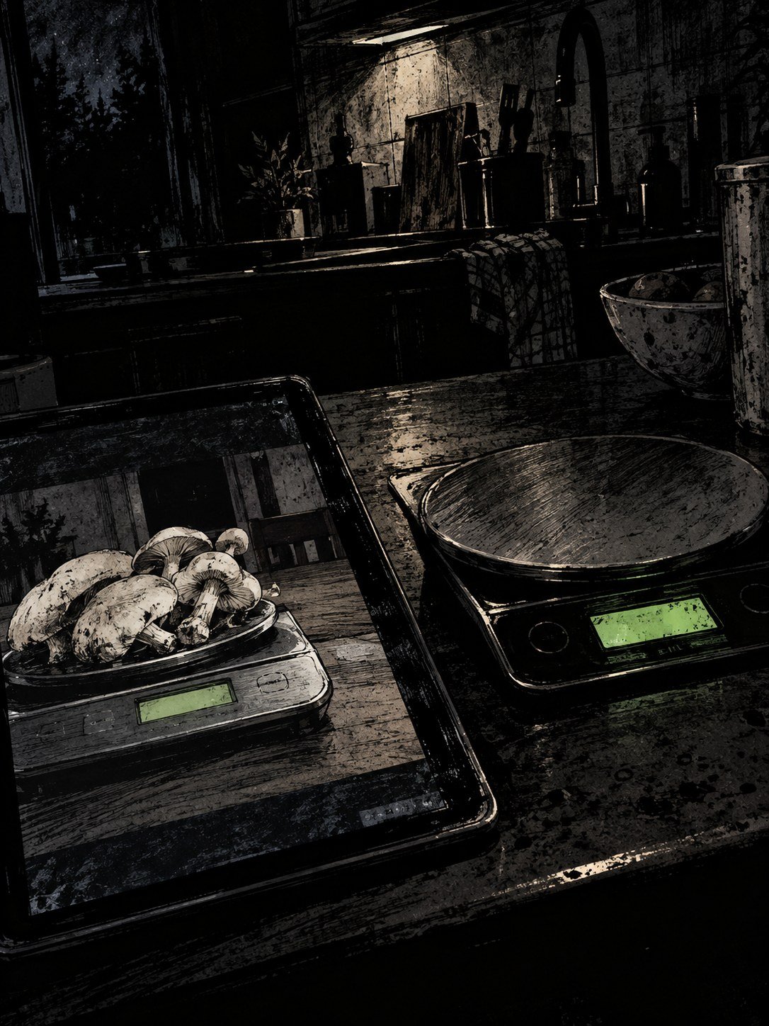 A tablet showing mushrooms on a kitchen scale, beside a real empty scale with a lit green display