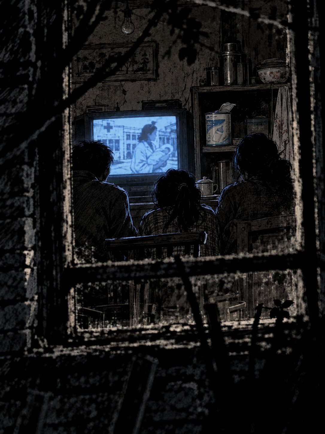 Through a window at night, a family watches a TV news report from a hospital, a formula tin on the shelf
