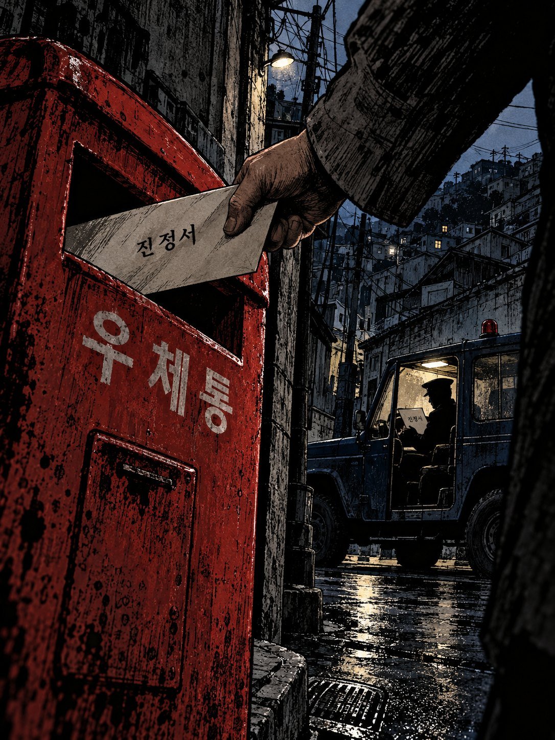 A hand pushing a petition envelope into a red Korean street postbox in a narrow alley