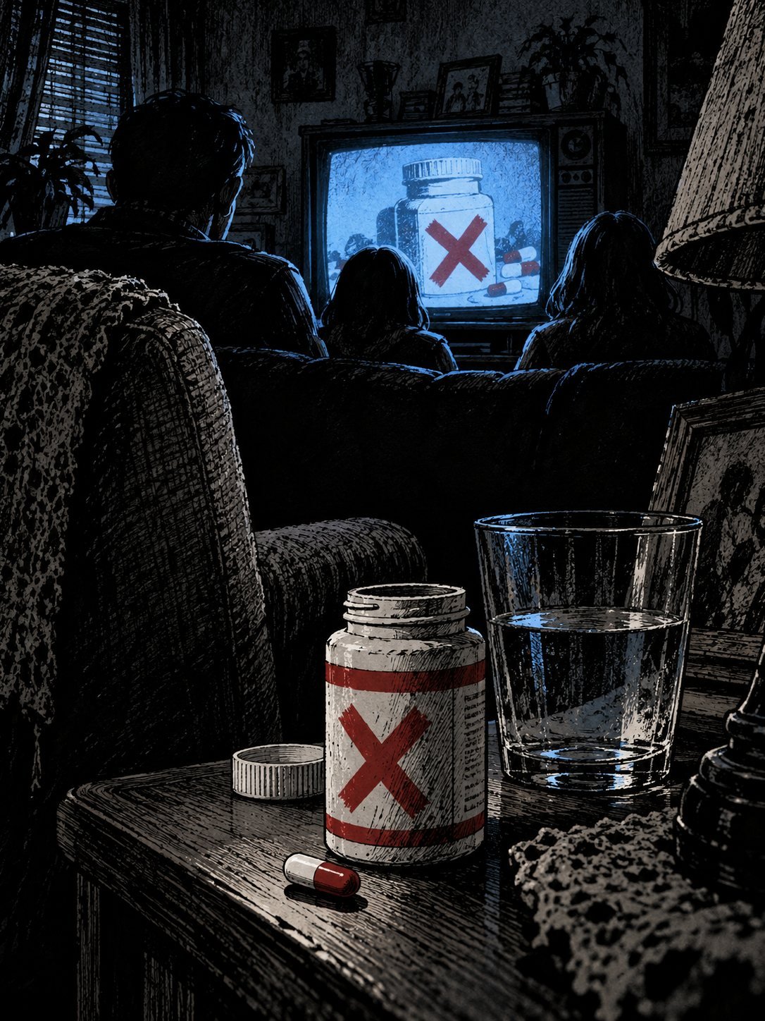 1982, a living room lit only by an old TV. On screen, a large pill bottle with a red X