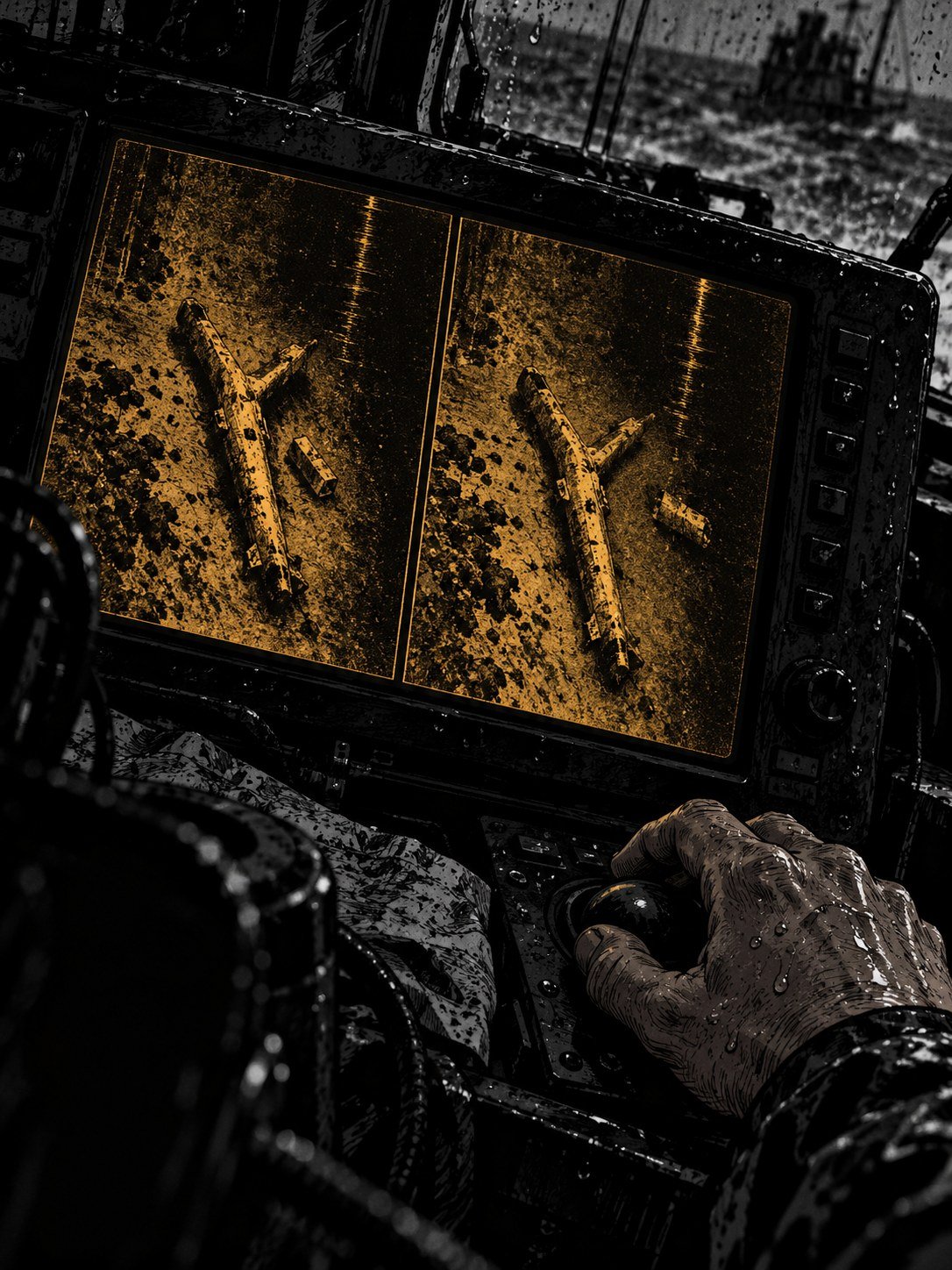 A side-scan sonar monitor in a cramped, wet boat cabin, its screen showing a grainy amber image of a lagoon floor with a long Y-shaped object. A wet hand on the trackball