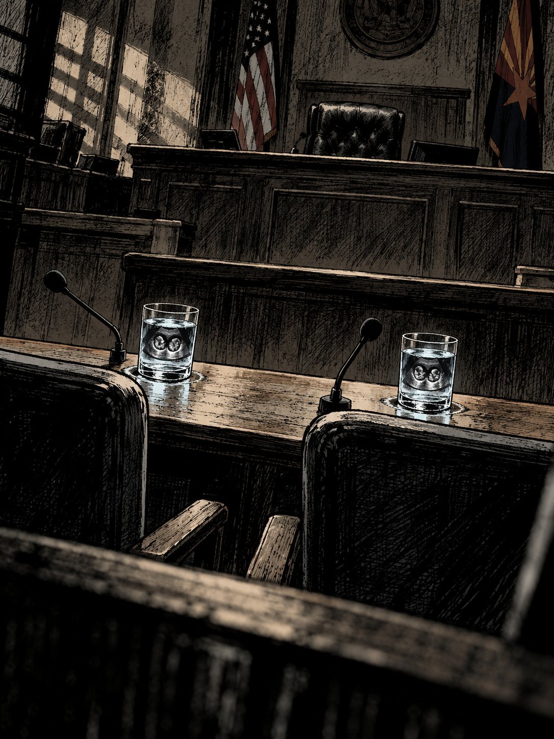 A family courtroom: two witness chairs side by side near the bench, empty, two glasses of water