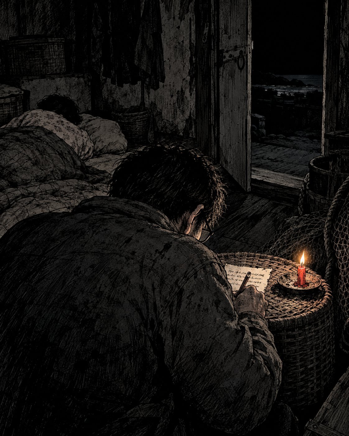 A man writes a letter by candlelight in a cold room while another man sleeps