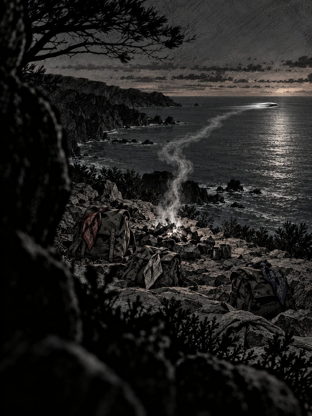 1952, Catalina Island, California: a rocky campsite above the sea at dusk. Three small canvas backpacks and three neckerchiefs are left on the rocks beside a smoking campfire, but 