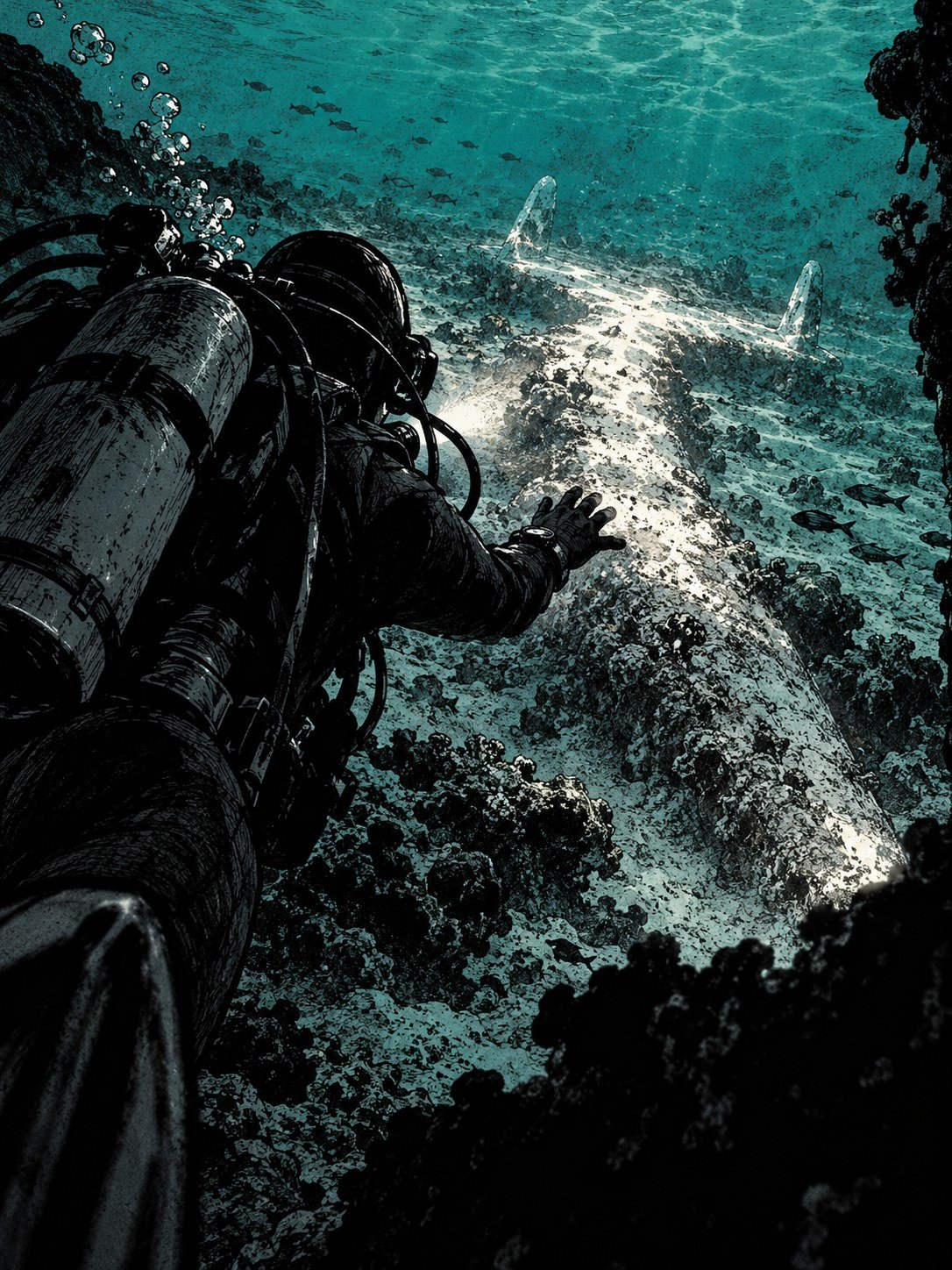 Underwater in a shallow turquoise lagoon: a diver seen from behind, fins and tank, reaching a gloved hand toward a long pale shape half buried in sand, coated in a shimmering white