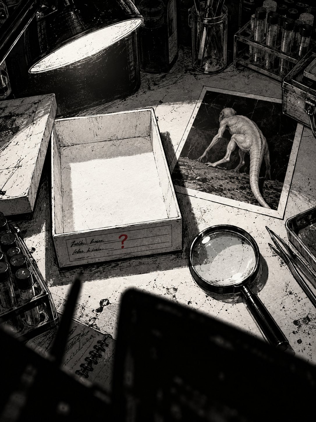 An empty white lab bench under a bright lamp: an open specimen box with nothing inside, a magnifying glass, a printed photo of the pale creature on the wall lying face up