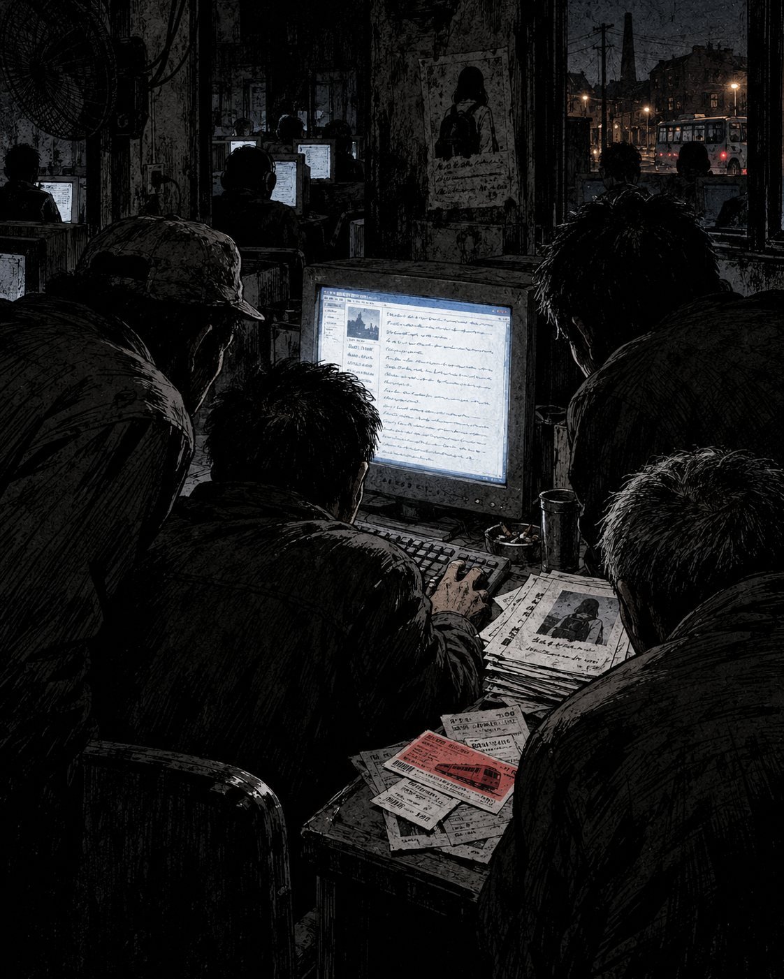 Fathers crowd around a computer in an internet cafe at night writing an online letter