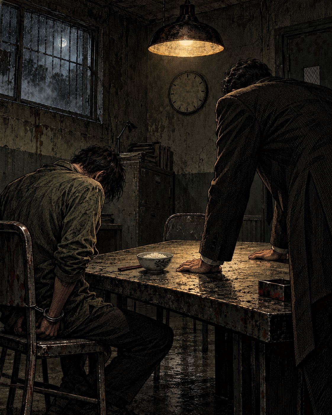 A handcuffed young man slumps in a chair as a detective leans over the table in a dim interrogation room