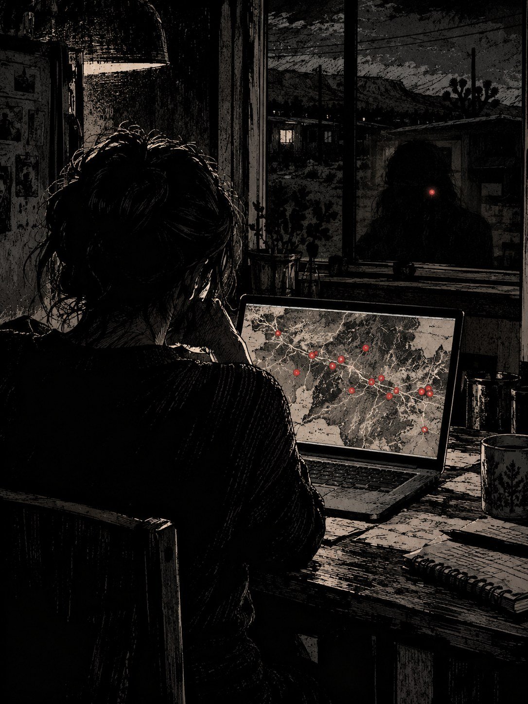 Night, a woman seen from behind at a kitchen table, a laptop open to a map with a dozen blurred red dots across it