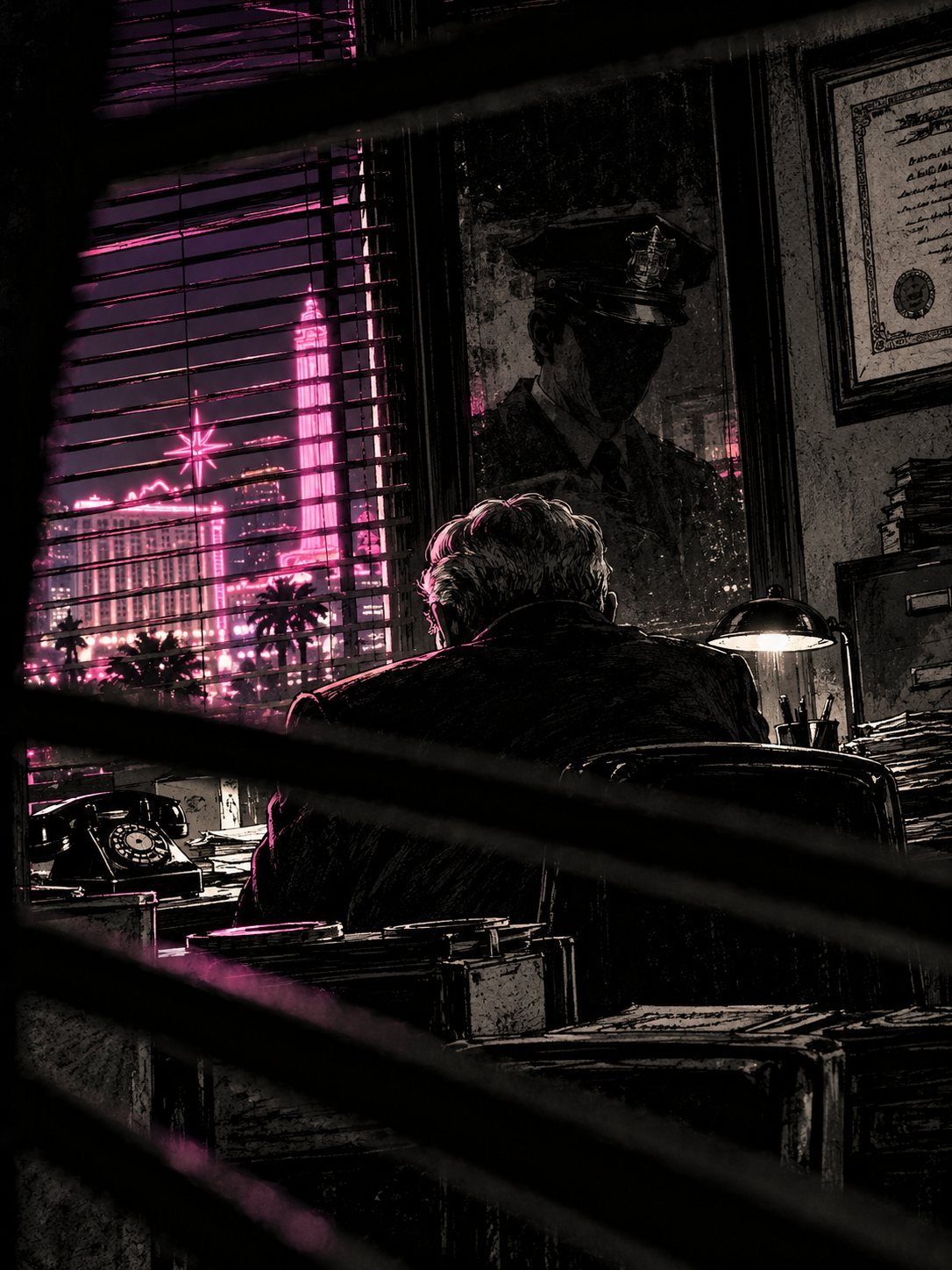 A plain government office in Las Vegas, neon glow from the Strip through the blinds. On the wall, a framed award certificate drawn with illegible strokes