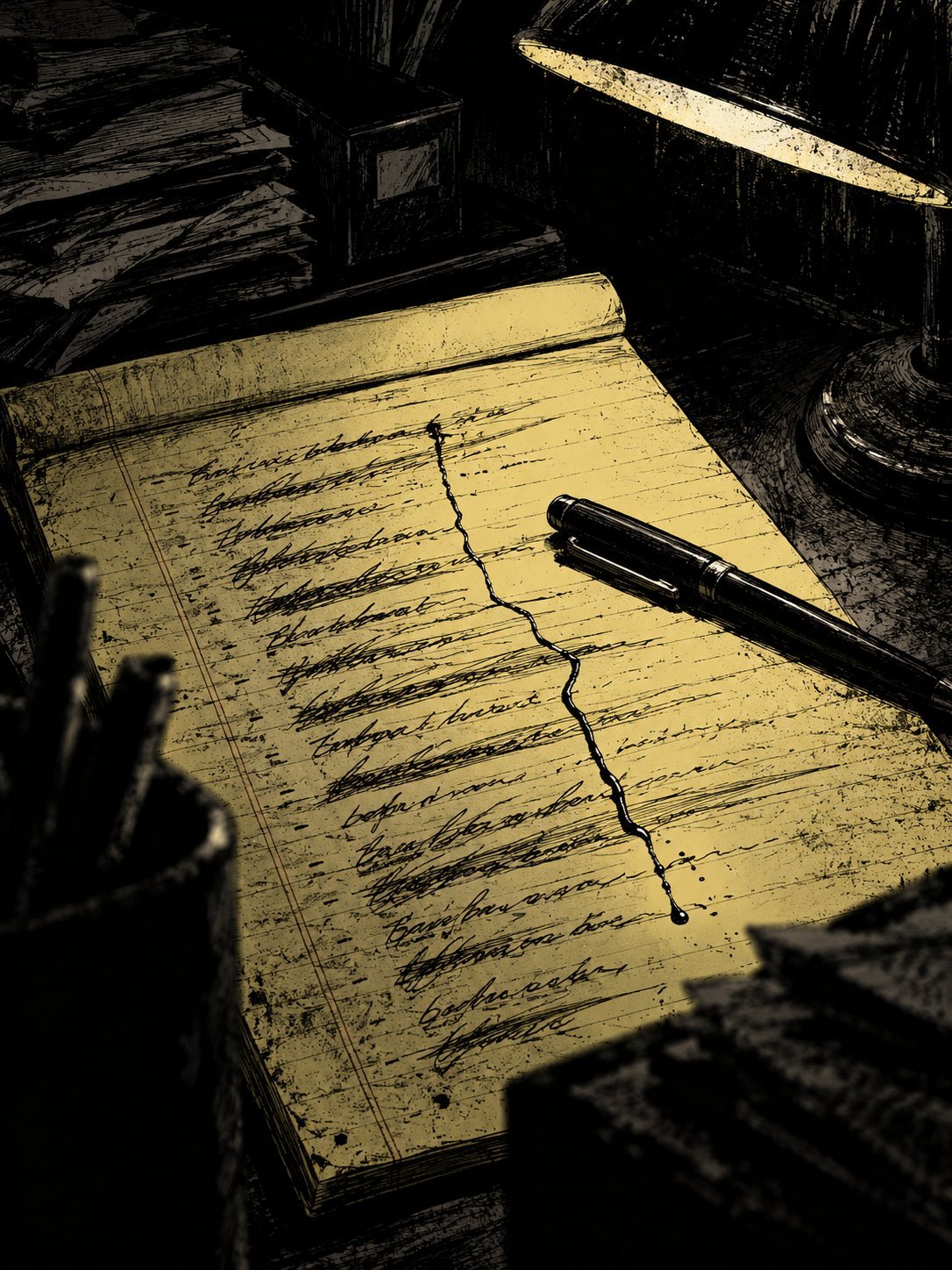 A yellow legal pad covered in crossed-out handwritten lines under a desk lamp