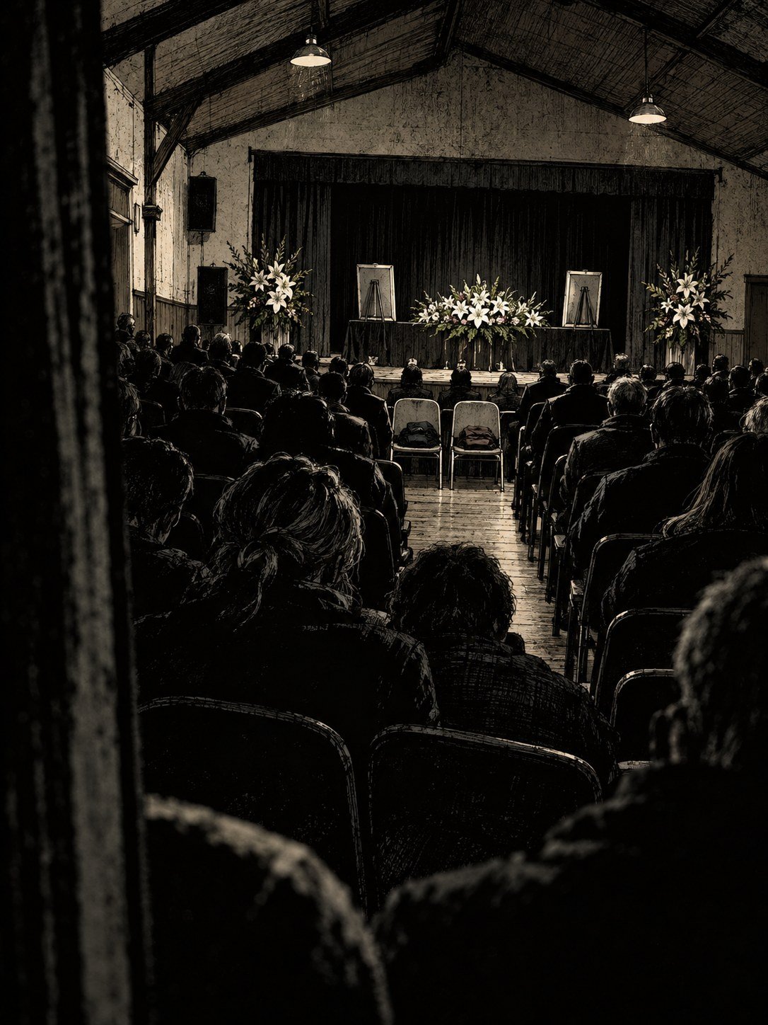 A full memorial hall seen from the back, white lilies and two framed photos at the front