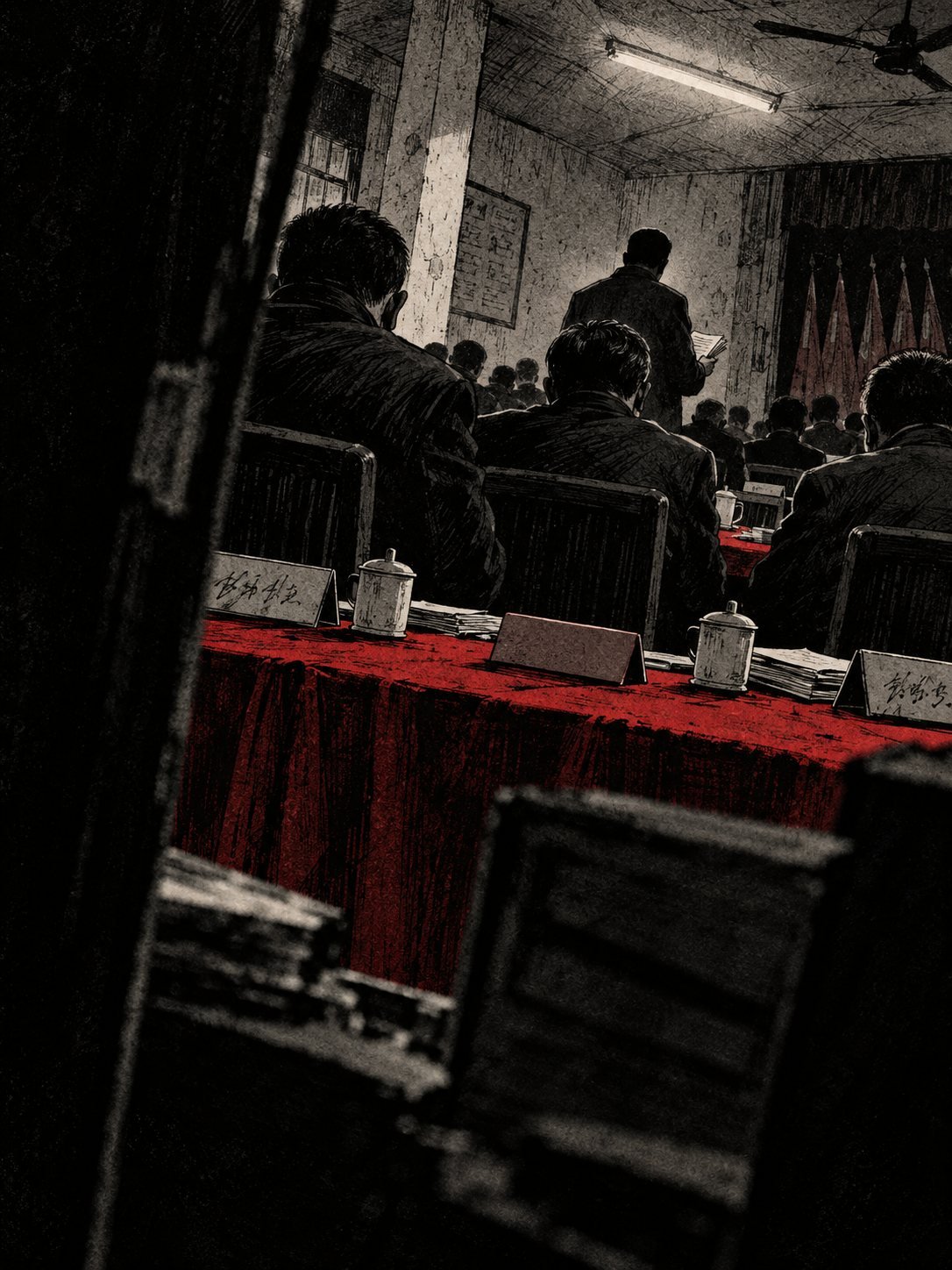 Officials in dark jackets sit at a long red-covered table in a meeting room