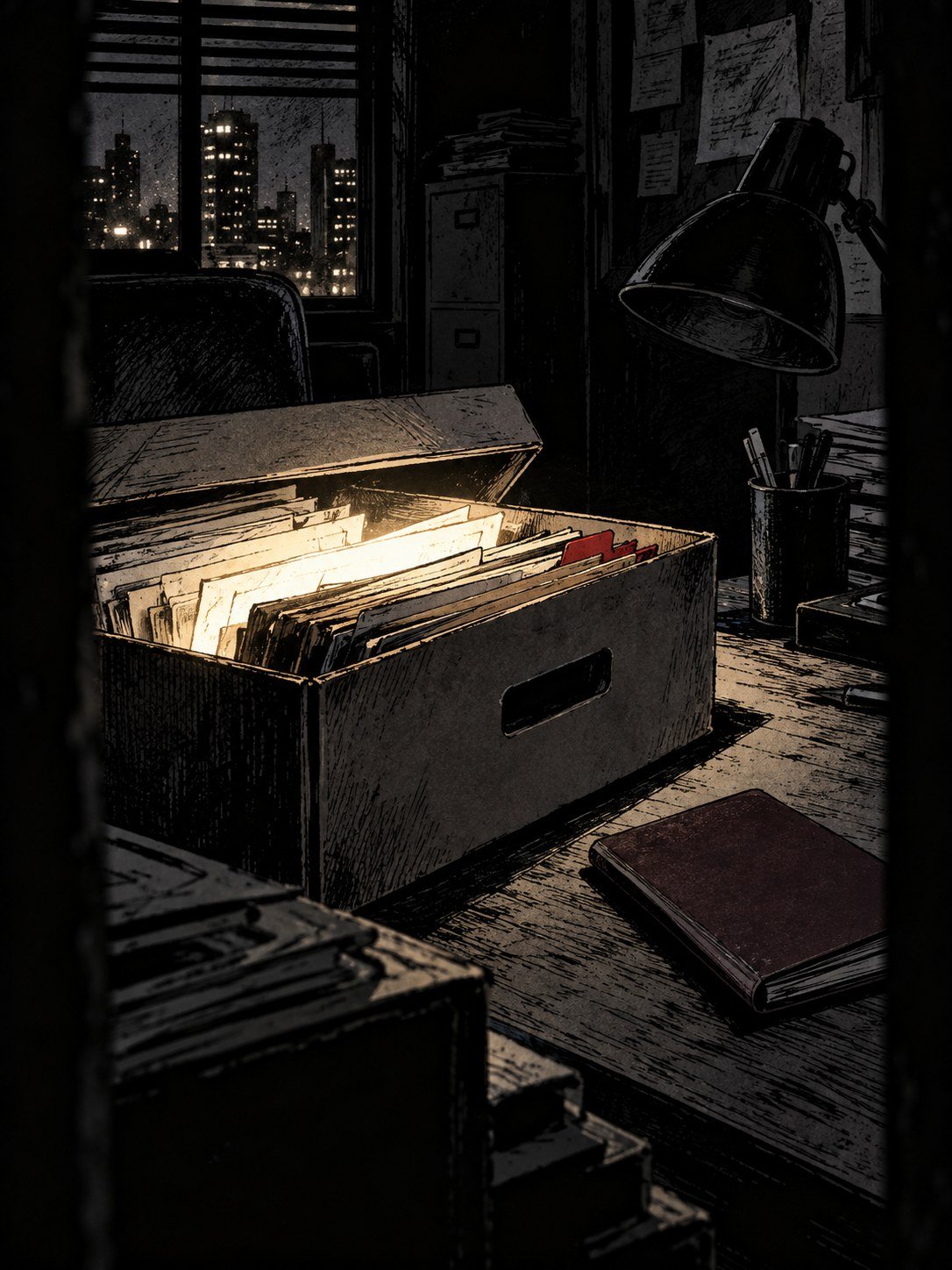 An open box of case files lit on a desk at night, a closed booklet beside it