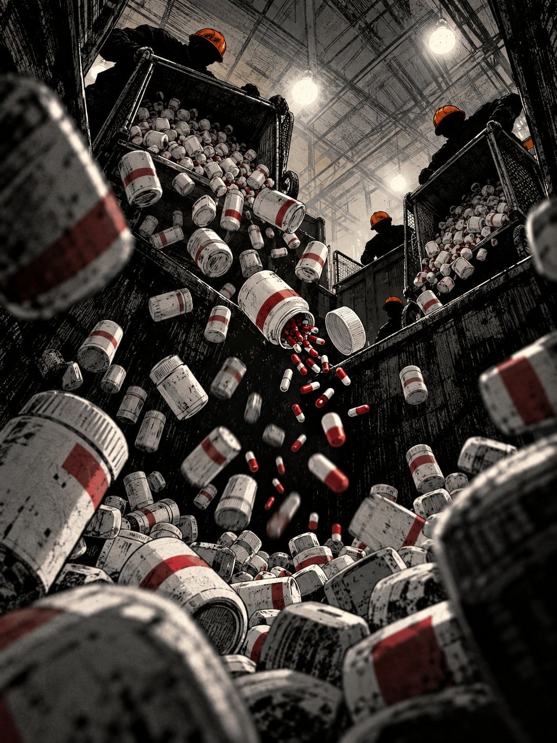 Looking up from inside a giant dumpster as thousands of white pill bottles rain down toward the camera from carts above, workers in hard hats as dark silhouettes against warehouse