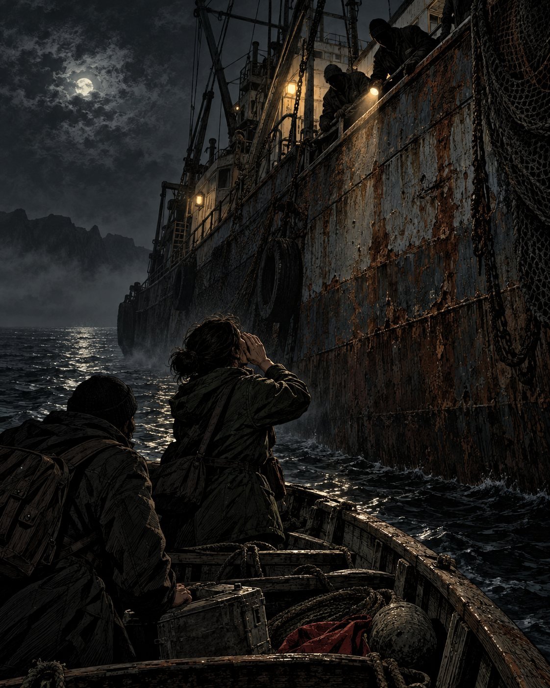 Two reporters in a small boat shout up at men leaning over the rail of a towering rusted trawler at night