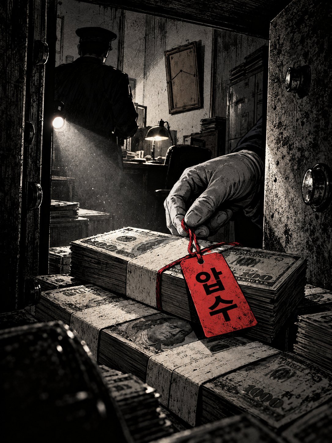 Banded foreign banknotes inside an open steel safe tagged as seized evidence