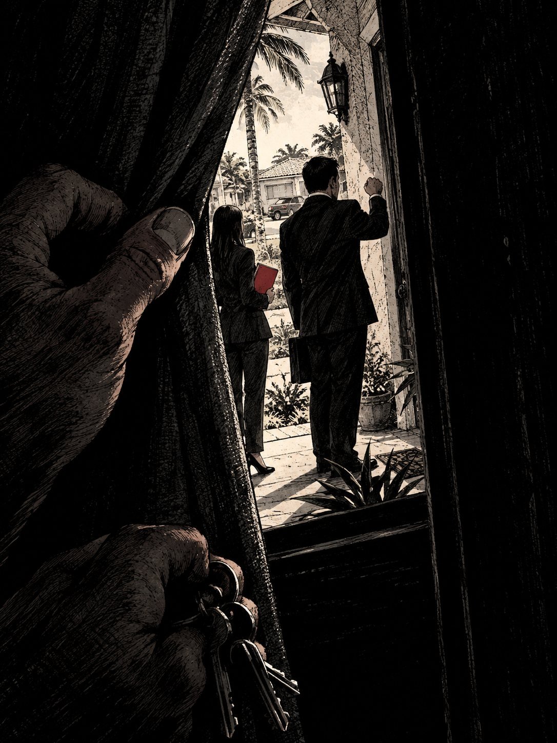 From behind a curtain, a hand clutching keys watches two people in suits knock at the front door