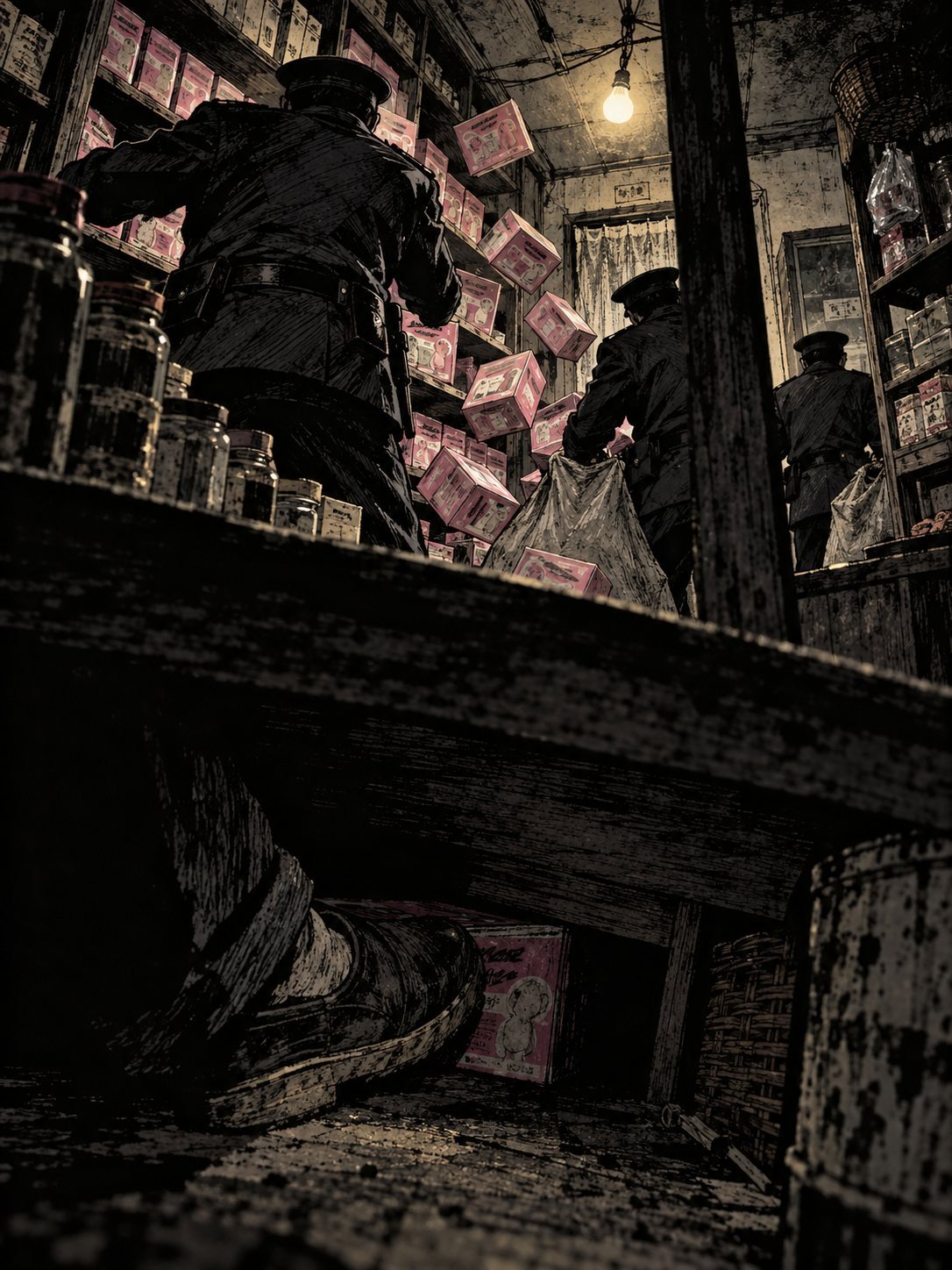 Uniformed officers sweep pink formula boxes off village shop shelves into sacks